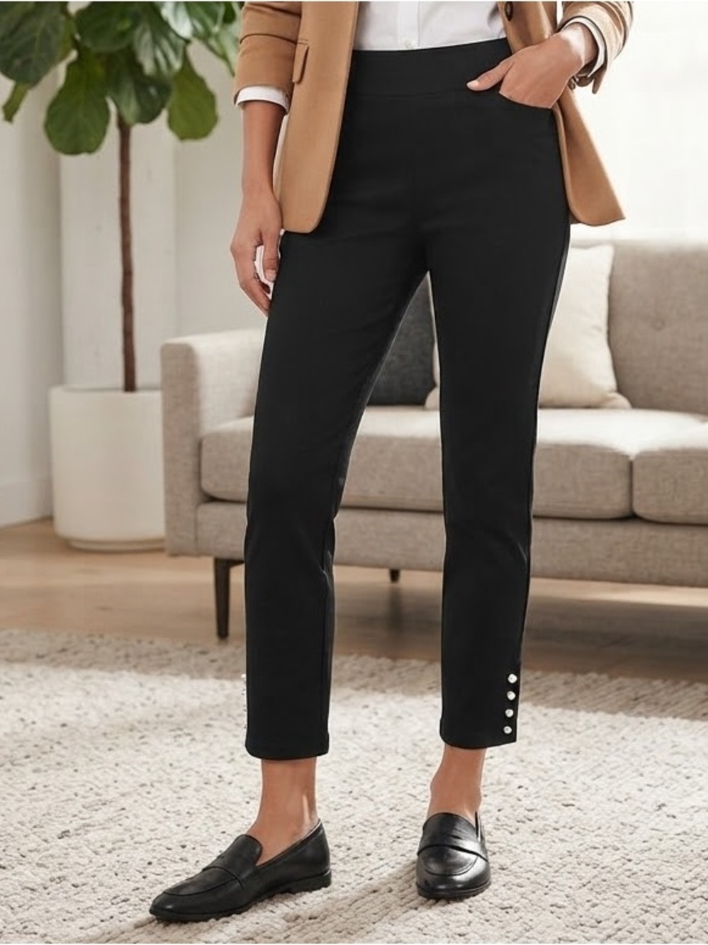 Roz & Ali Black Cropped Ankle Pants with Button Hem